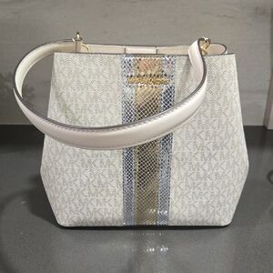 Michael Kors Cream Logo Shoulder Bag with Gold & Silver Center Stripe